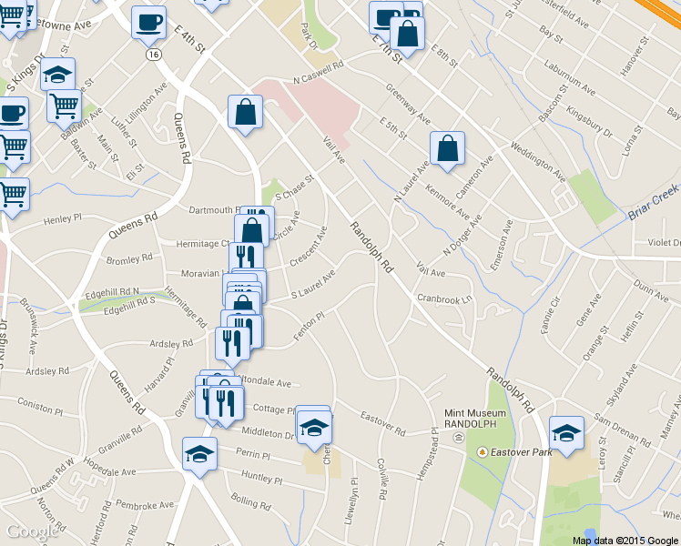 map of restaurants, bars, coffee shops, grocery stores, and more near 201 S Laurel Ave in Charlotte