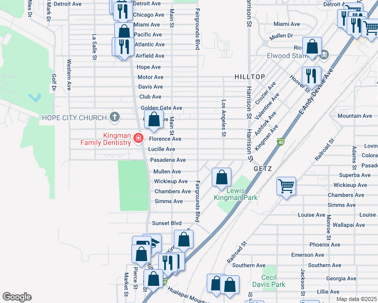 map of restaurants, bars, coffee shops, grocery stores, and more near 2030A Lucille Avenue in Kingman