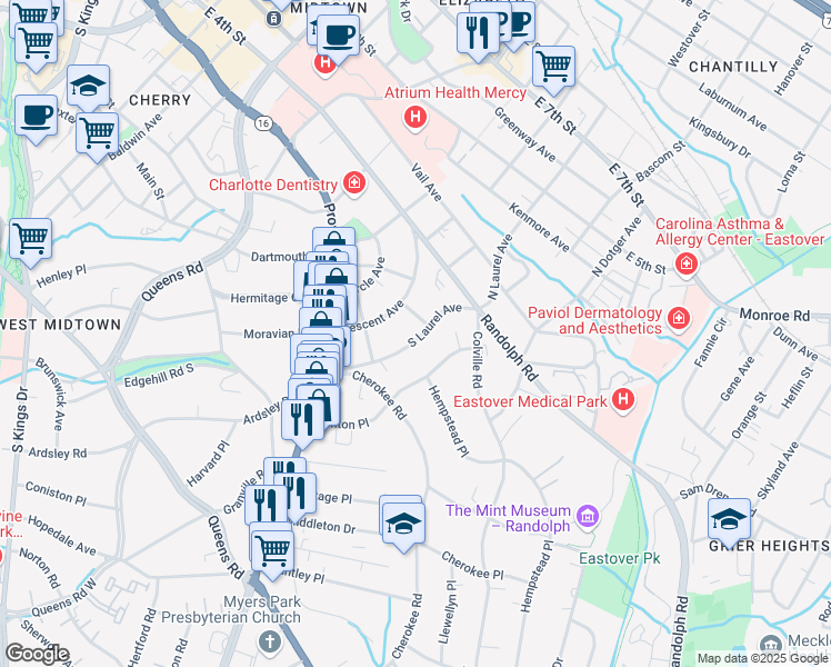 map of restaurants, bars, coffee shops, grocery stores, and more near 208 South Laurel Avenue in Charlotte