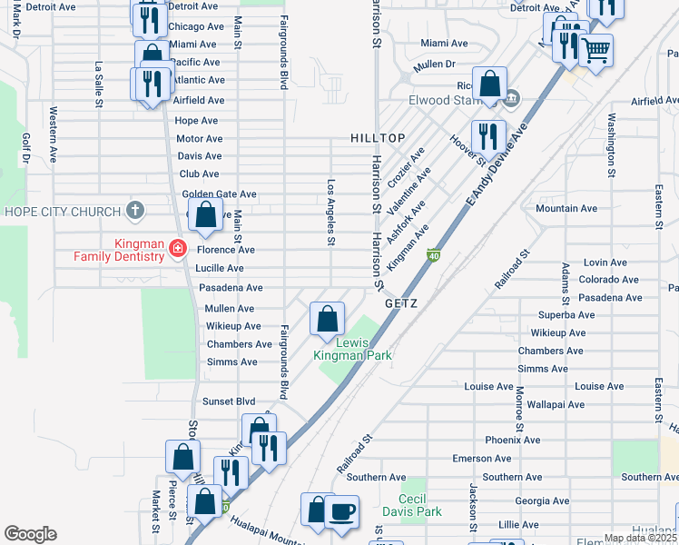 map of restaurants, bars, coffee shops, grocery stores, and more near 2214 Lucille Avenue in Kingman