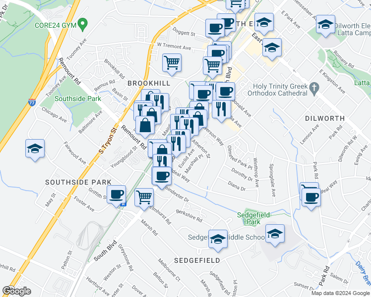 map of restaurants, bars, coffee shops, grocery stores, and more near 2421 South Boulevard in Charlotte