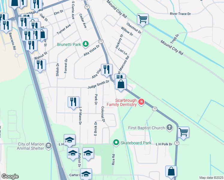 map of restaurants, bars, coffee shops, grocery stores, and more near 107 Colonial Estates Cove in Marion