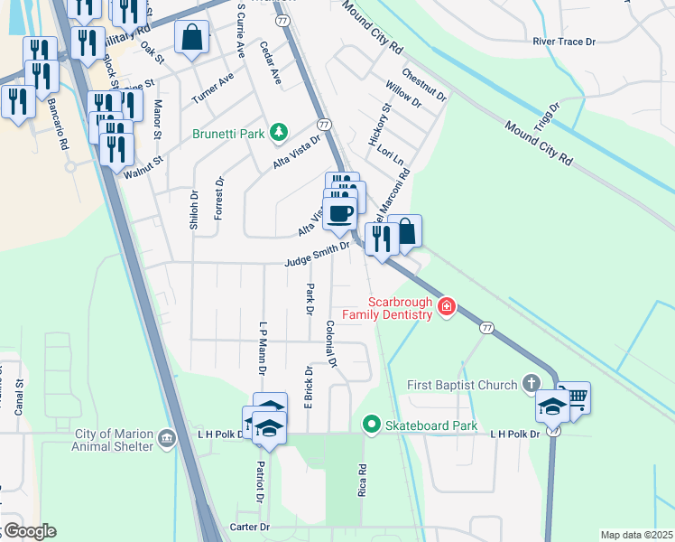 map of restaurants, bars, coffee shops, grocery stores, and more near 107 Colonial Estates Cove in Marion