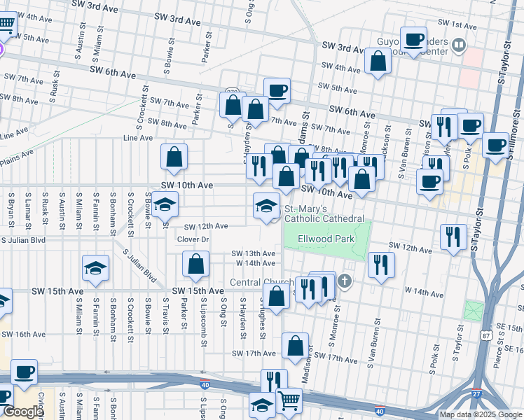 map of restaurants, bars, coffee shops, grocery stores, and more near 1019 Southwest 11th Avenue in Amarillo