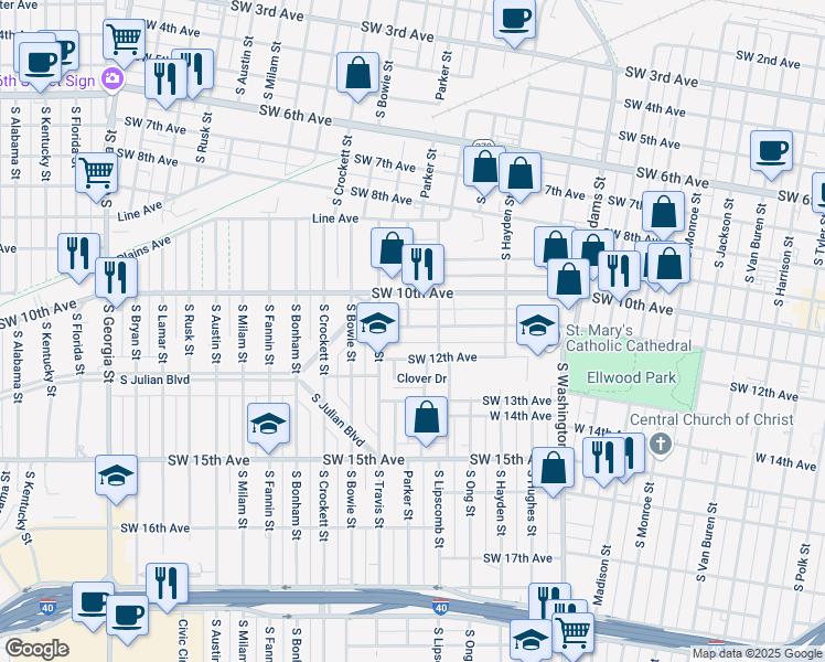 map of restaurants, bars, coffee shops, grocery stores, and more near 1411 Southwest 11th Avenue in Amarillo