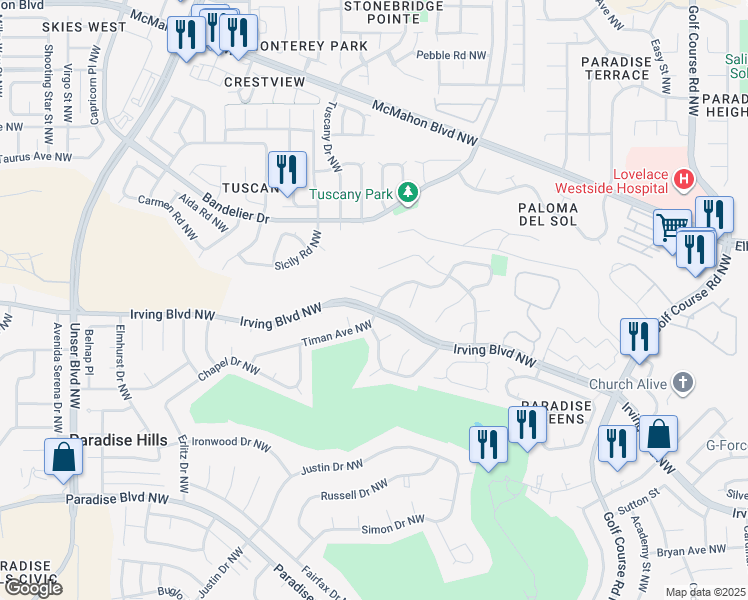 map of restaurants, bars, coffee shops, grocery stores, and more near 5100 Willow Creek Place Northwest in Albuquerque