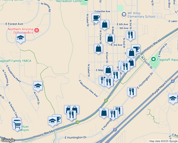 map of restaurants, bars, coffee shops, grocery stores, and more near 1622 North Izabel Street in Flagstaff