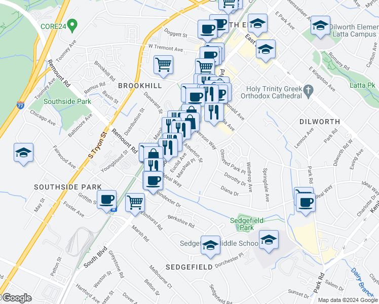 map of restaurants, bars, coffee shops, grocery stores, and more near 2401 Euclid Avenue in Charlotte