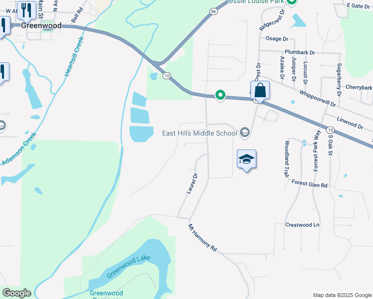 map of restaurants, bars, coffee shops, grocery stores, and more near 1085 Grinnel Circle in Greenwood