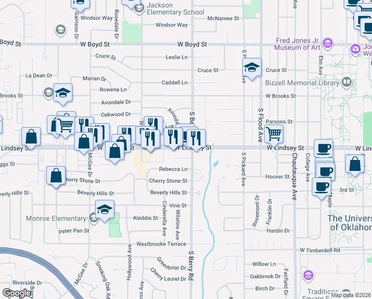 map of restaurants, bars, coffee shops, grocery stores, and more near 1214 West Lindsey Street in Norman