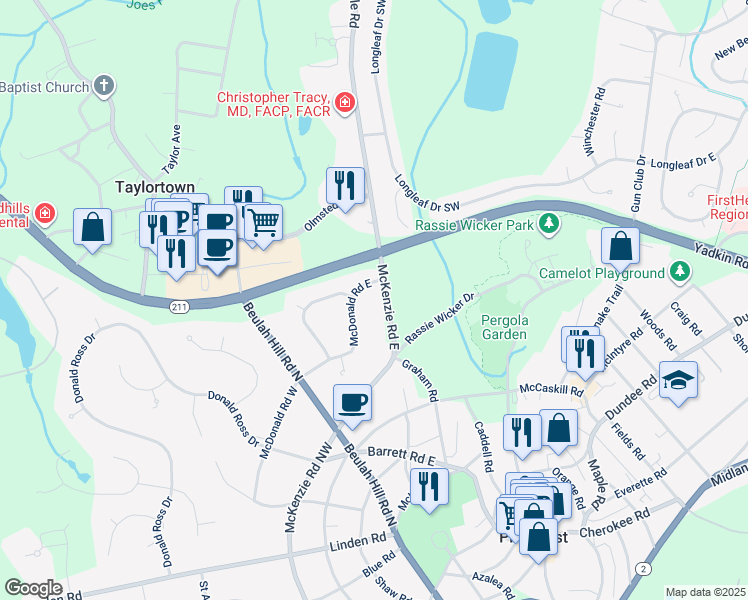 map of restaurants, bars, coffee shops, grocery stores, and more near 175 McKenzie Road East in Pinehurst