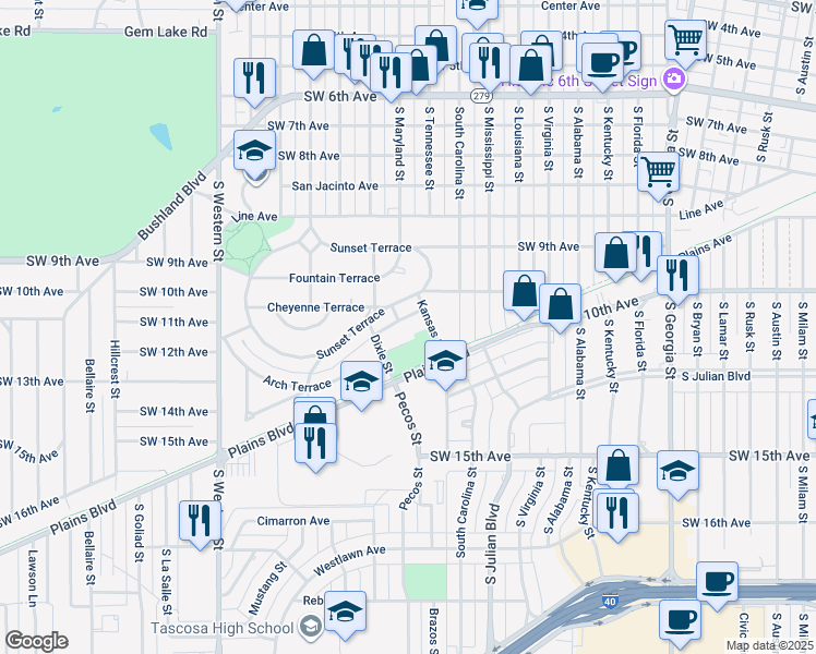 map of restaurants, bars, coffee shops, grocery stores, and more near 3500 Southwest 11th Avenue in Amarillo