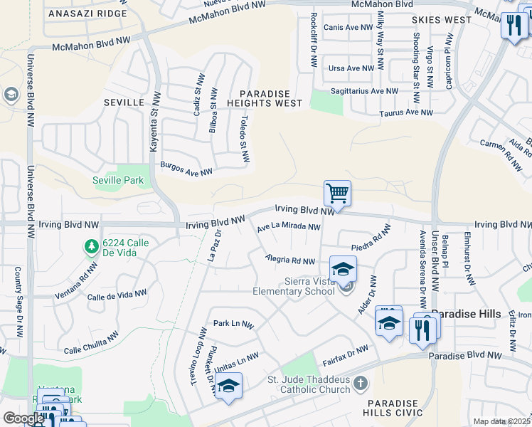 map of restaurants, bars, coffee shops, grocery stores, and more near 5844 Irving Boulevard Northwest in Albuquerque
