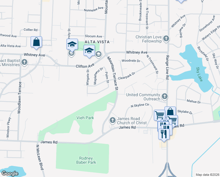 map of restaurants, bars, coffee shops, grocery stores, and more near 2387 Palm Cove in Memphis