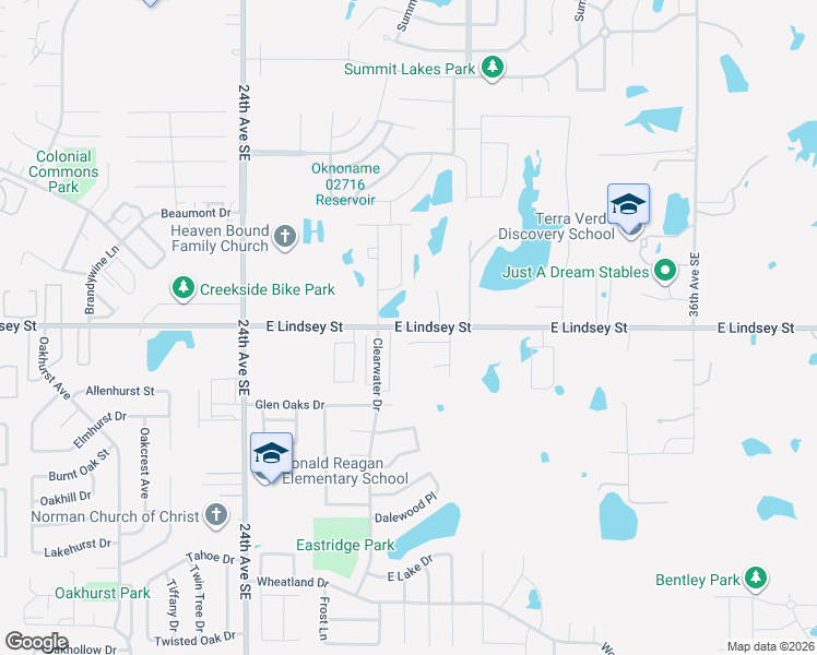 map of restaurants, bars, coffee shops, grocery stores, and more near 2862 East Lindsey Street in Norman