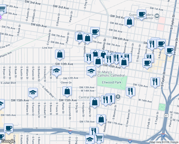 map of restaurants, bars, coffee shops, grocery stores, and more near 1023 West 11th Avenue in Amarillo