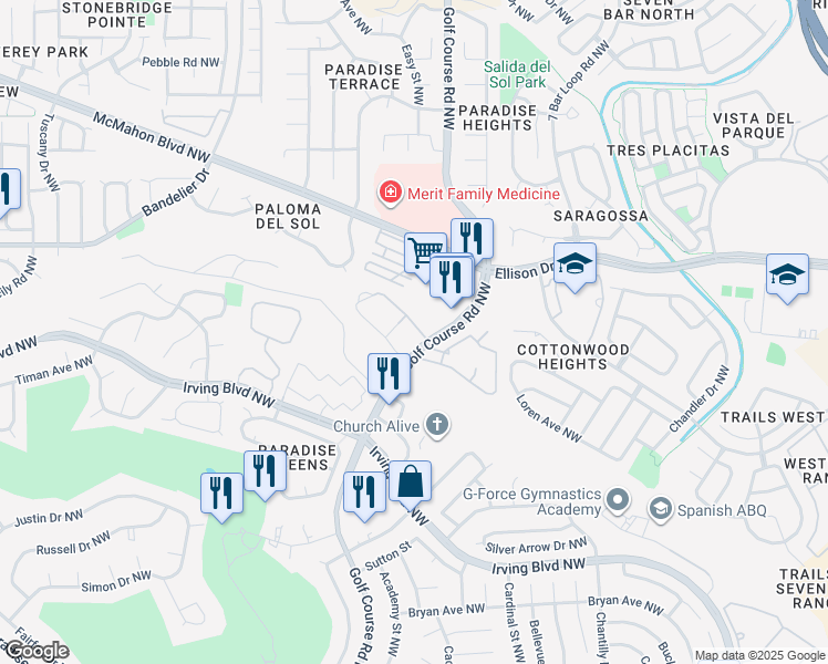 map of restaurants, bars, coffee shops, grocery stores, and more near in Albuquerque