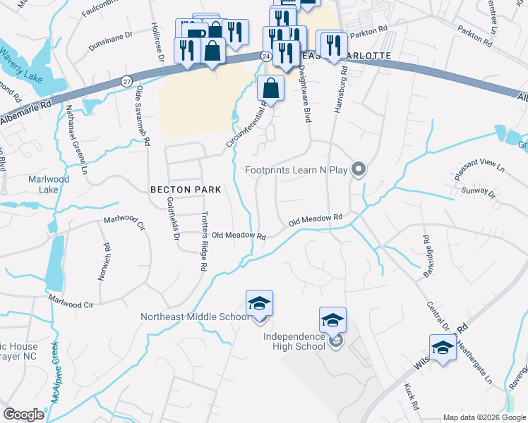 map of restaurants, bars, coffee shops, grocery stores, and more near 6313 Farmstead Drive in Charlotte