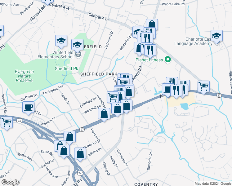 map of restaurants, bars, coffee shops, grocery stores, and more near 3148 Driftwood Drive in Charlotte