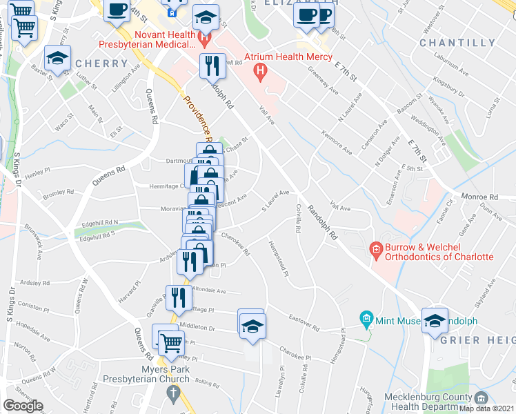 map of restaurants, bars, coffee shops, grocery stores, and more near 220 South Laurel Avenue in Charlotte