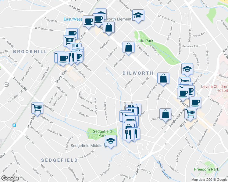map of restaurants, bars, coffee shops, grocery stores, and more near 625 McDonald Avenue in Charlotte