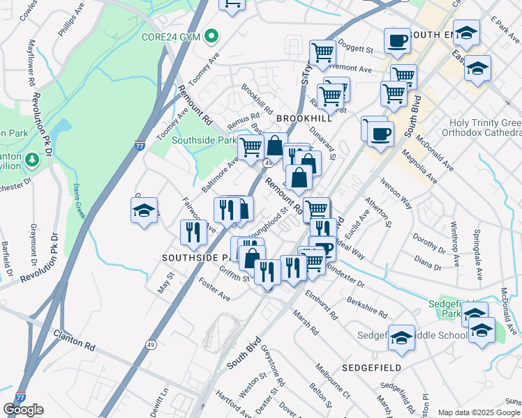 map of restaurants, bars, coffee shops, grocery stores, and more near 3115 Robeline Lane in Charlotte