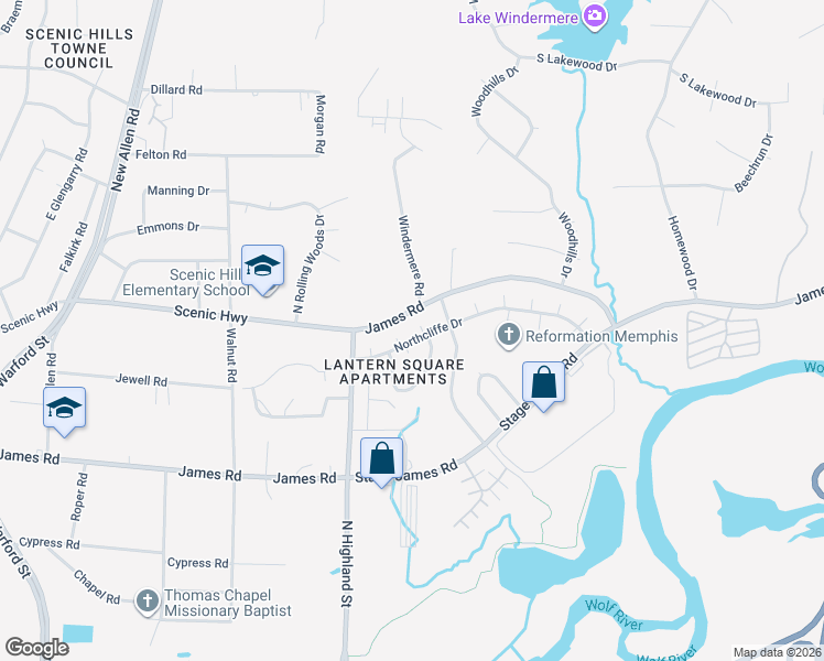 map of restaurants, bars, coffee shops, grocery stores, and more near 36592 Northcliffe Drive in Memphis