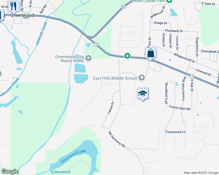 map of restaurants, bars, coffee shops, grocery stores, and more near 1085 Grinnel Circle in Greenwood