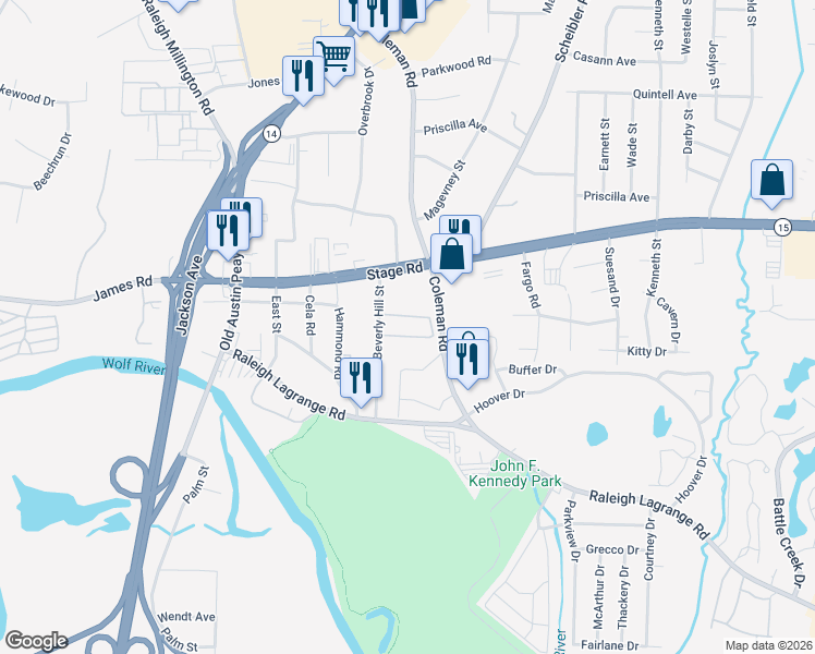 map of restaurants, bars, coffee shops, grocery stores, and more near 2882 Beverly Hills Road in Memphis