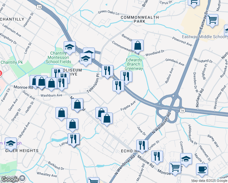 map of restaurants, bars, coffee shops, grocery stores, and more near 2900 East Independence Boulevard in Charlotte