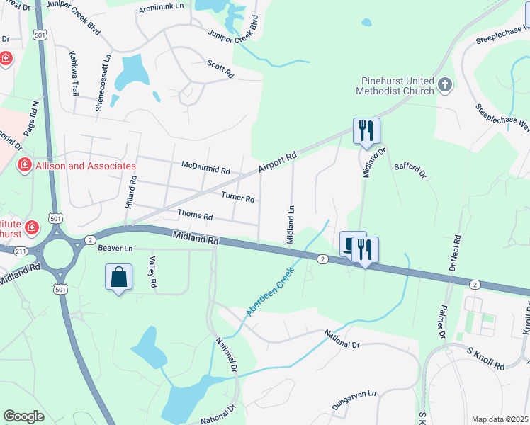 map of restaurants, bars, coffee shops, grocery stores, and more near 40 Windmere Road in Pinehurst