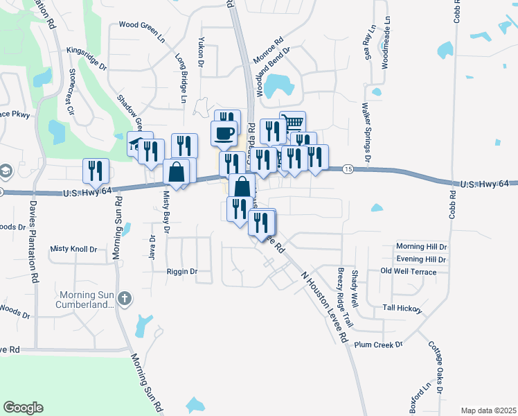 map of restaurants, bars, coffee shops, grocery stores, and more near 2851 Houston Levee Road in Memphis
