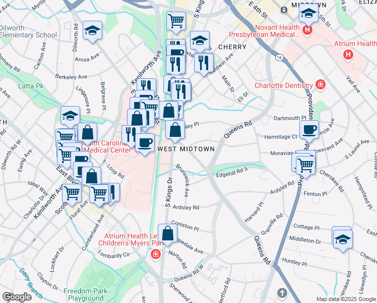 map of restaurants, bars, coffee shops, grocery stores, and more near 1610 East Morehead Street in Charlotte