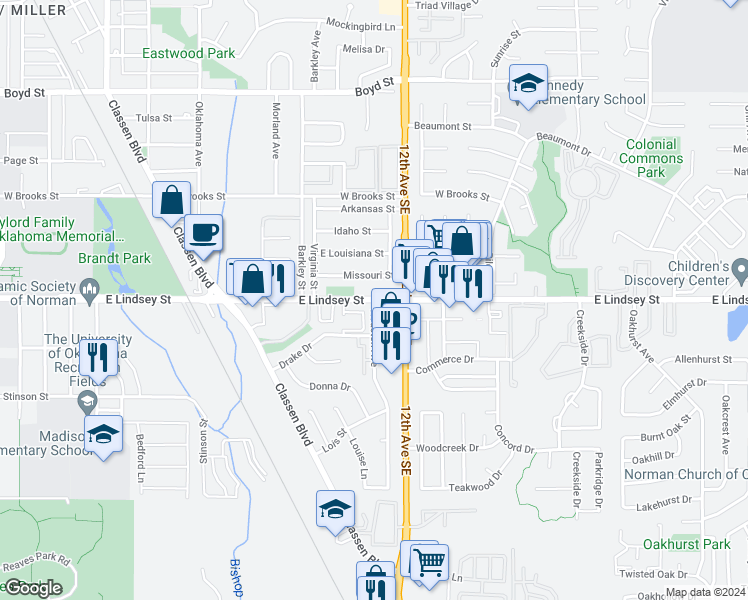 map of restaurants, bars, coffee shops, grocery stores, and more near 2100 Houston Avenue in Norman
