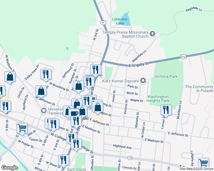 map of restaurants, bars, coffee shops, grocery stores, and more near 512 Childers Street in Pulaski