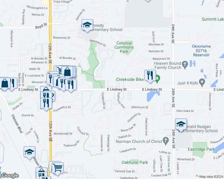 map of restaurants, bars, coffee shops, grocery stores, and more near 1813 Lindsey St in Norman