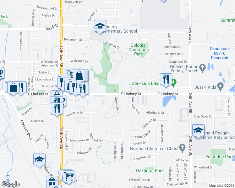 map of restaurants, bars, coffee shops, grocery stores, and more near 1715 East Lindsey Street in Norman