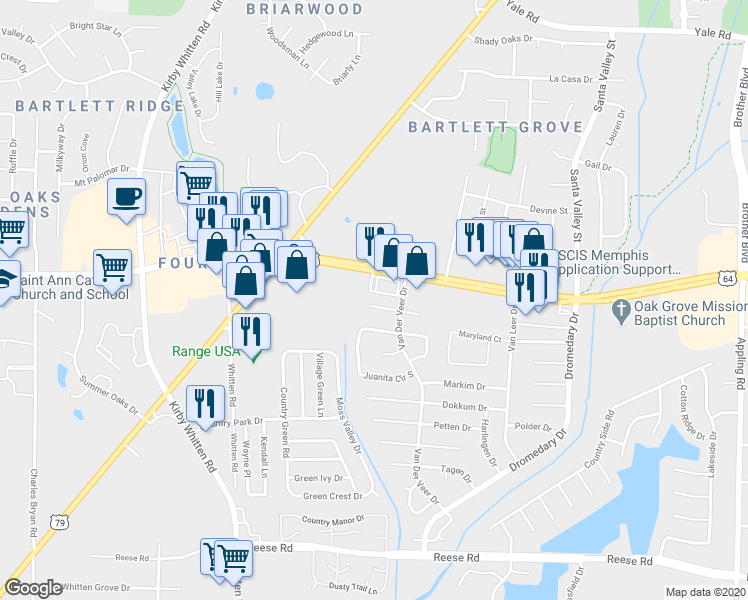 map of restaurants, bars, coffee shops, grocery stores, and more near 6980 Debra Cove West in Memphis