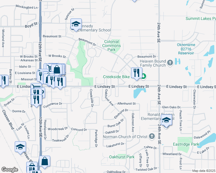map of restaurants, bars, coffee shops, grocery stores, and more near 1908 Lindsey St in Norman