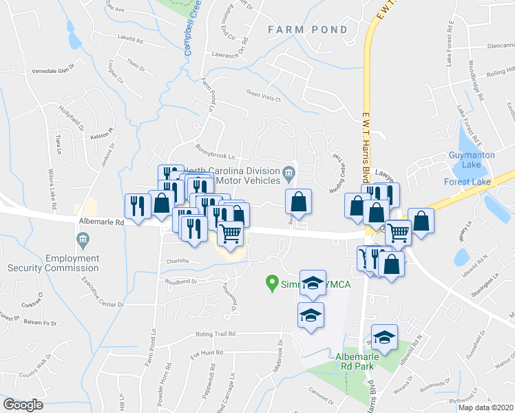 map of restaurants, bars, coffee shops, grocery stores, and more near 4142 Aaa Drive in Charlotte