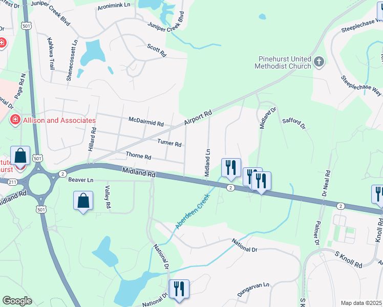 map of restaurants, bars, coffee shops, grocery stores, and more near 40 Windmere Road in Pinehurst