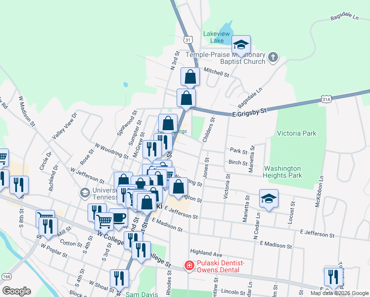 map of restaurants, bars, coffee shops, grocery stores, and more near 435 North 1st Street in Pulaski