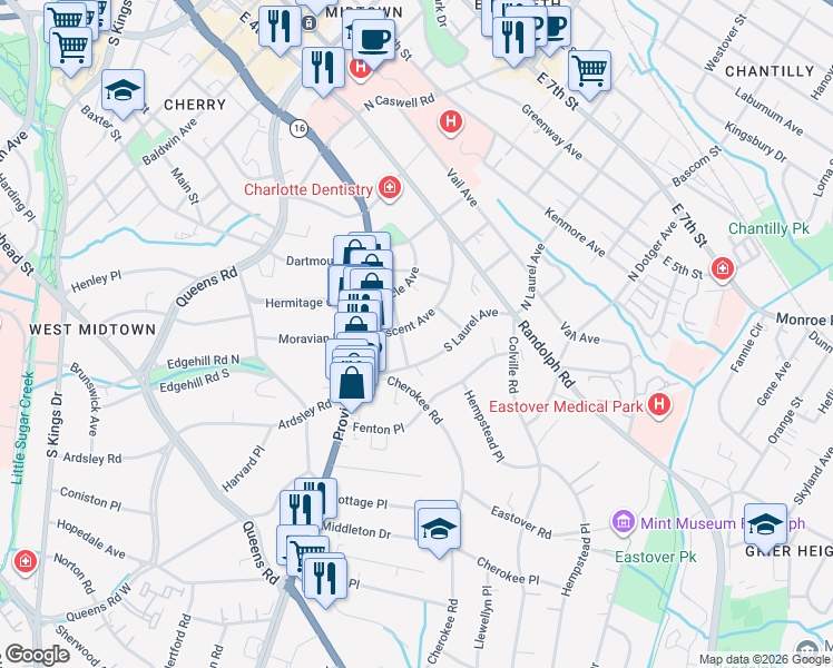 map of restaurants, bars, coffee shops, grocery stores, and more near 510 Willoughby Street in Charlotte