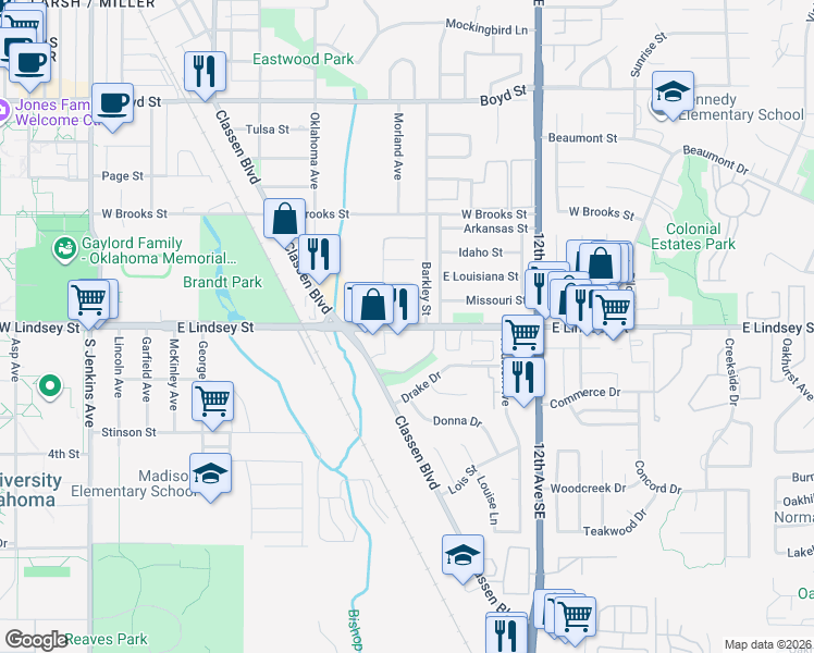 map of restaurants, bars, coffee shops, grocery stores, and more near 827 East Lindsey Street in Norman