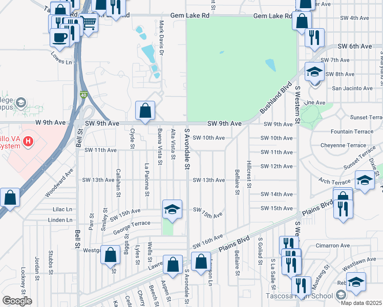 map of restaurants, bars, coffee shops, grocery stores, and more near 1104 South Avondale Street in Amarillo