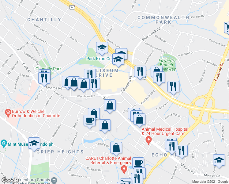 map of restaurants, bars, coffee shops, grocery stores, and more near 3341 Washburn Avenue in Charlotte