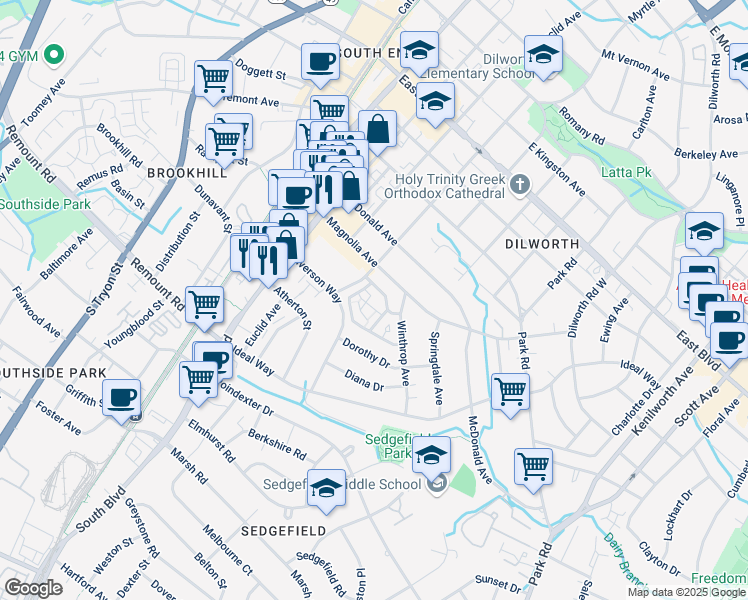 map of restaurants, bars, coffee shops, grocery stores, and more near 409 Mather Green Avenue in Charlotte