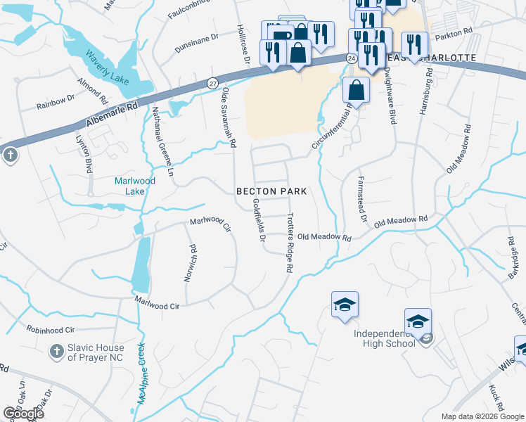 map of restaurants, bars, coffee shops, grocery stores, and more near 5404 Nightshade Oaks Drive in Charlotte