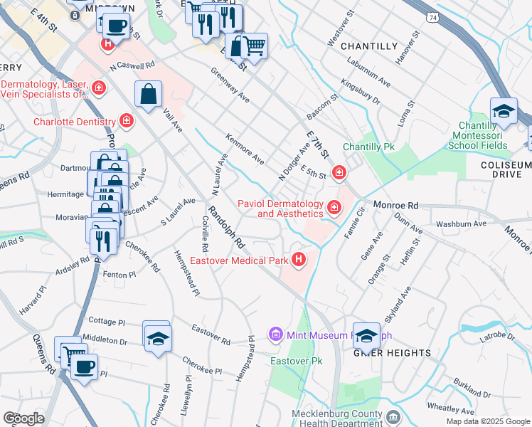 map of restaurants, bars, coffee shops, grocery stores, and more near in Charlotte