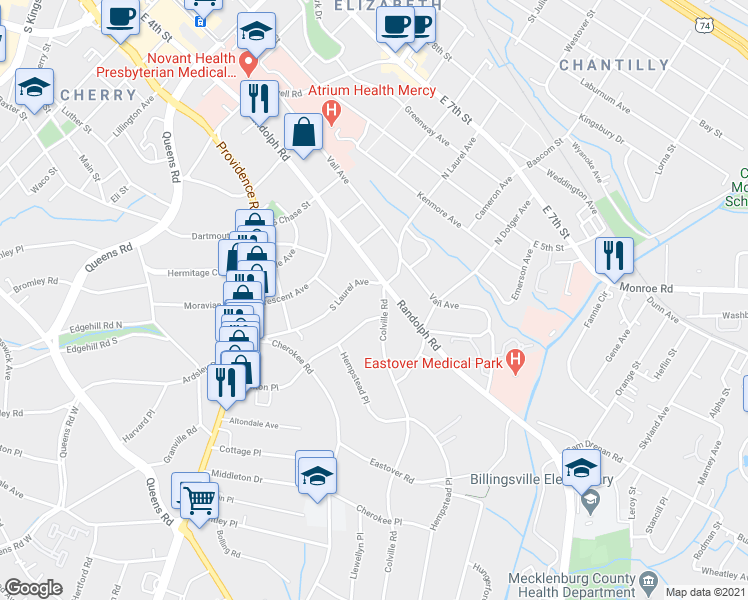 map of restaurants, bars, coffee shops, grocery stores, and more near 104 Colville Road in Charlotte